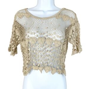 Women’s Vintage Crop Top Heart Crochet Lace Short Sleeve Gold 90s 2000s Y2K